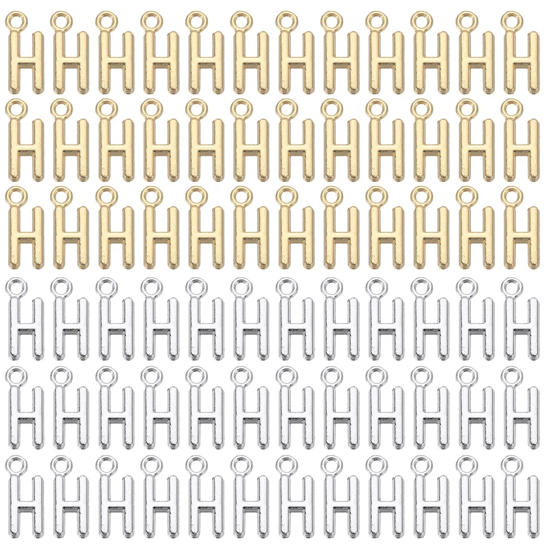 0.3" Letter Charm A-Z for Jewelry Making - H (100 Pack, Bright Silver/Dark Gold)