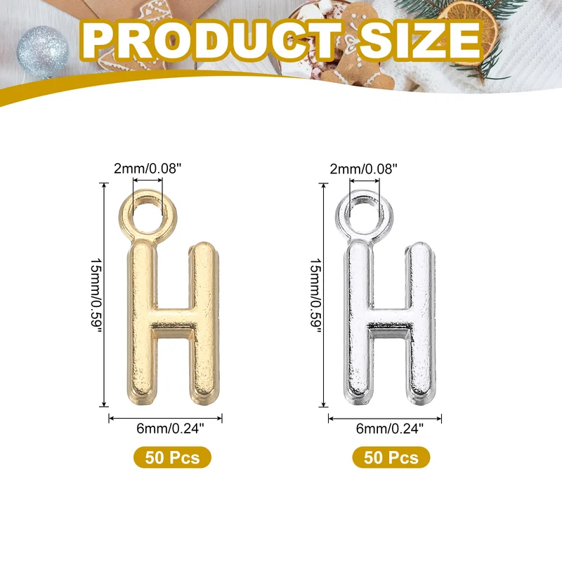 0.3" Letter Charm A-Z for Jewelry Making - H (100 Pack, Bright Silver/Dark Gold)