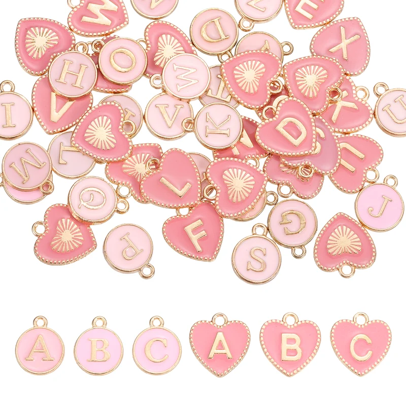 52 Pcs Letter Initial Charm A-Z Heart & Round Letter Charm(Pink)