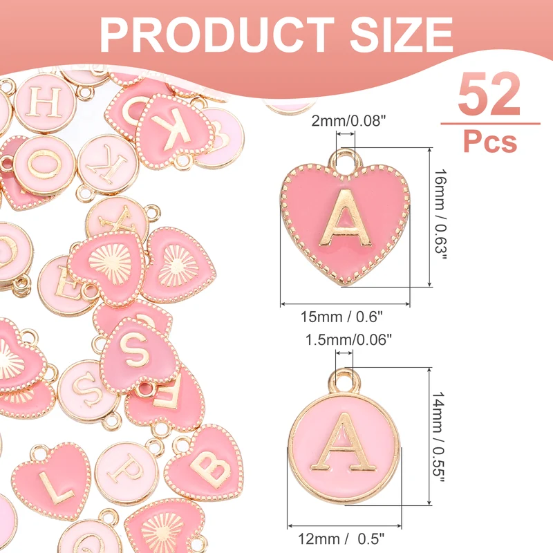 52 Pcs Letter Initial Charm A-Z Heart & Round Letter Charm(Pink)