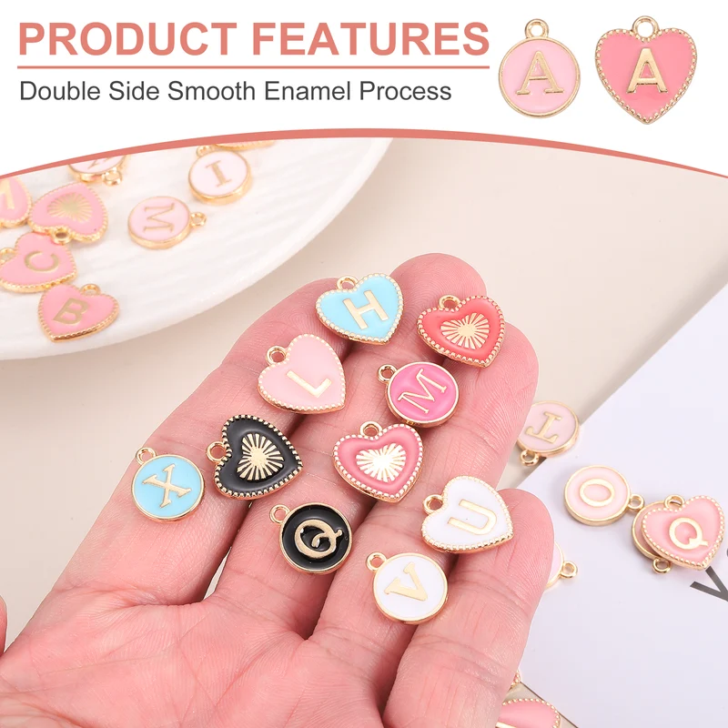 52 Pcs Letter Initial Charm A-Z Heart & Round Letter Charm(Pink)