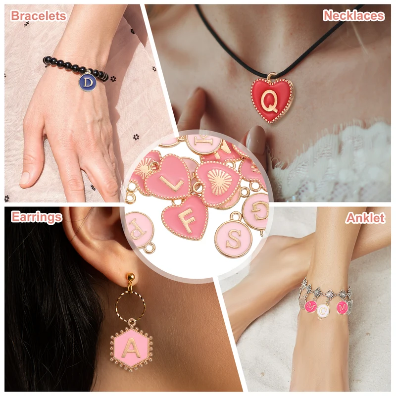52 Pcs Letter Initial Charm A-Z Heart & Round Letter Charm(Pink)