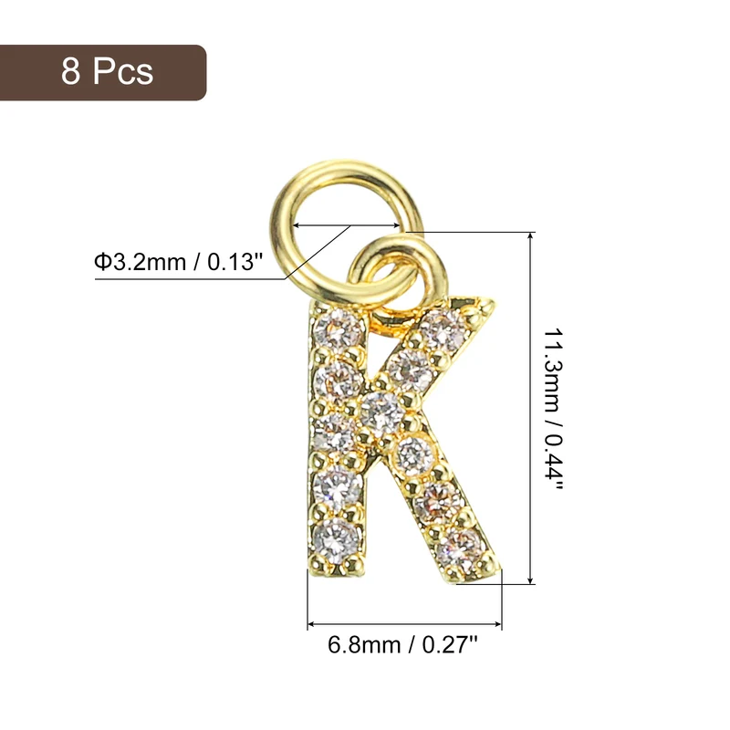 8pcs Rhinestone Letter Charm 3.2mm Copper K Letter Charm Golden