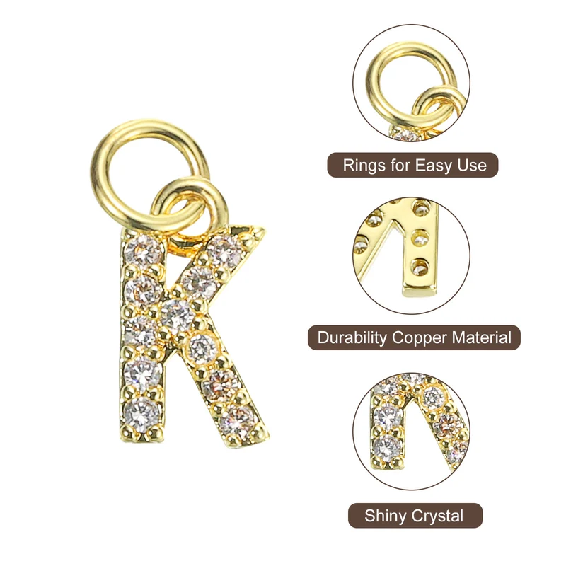8pcs Rhinestone Letter Charm 3.2mm Copper K Letter Charm Golden