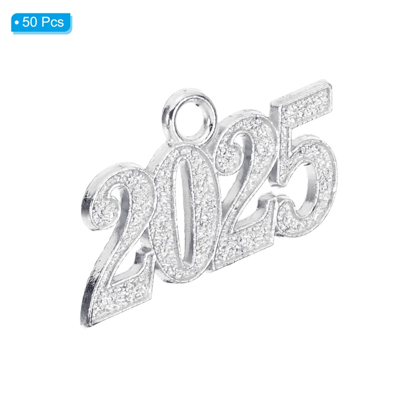 2025 Graduation Tassel Charm, 50 Pcs Alloy 2025 Year Medium Letter Charm, Silver