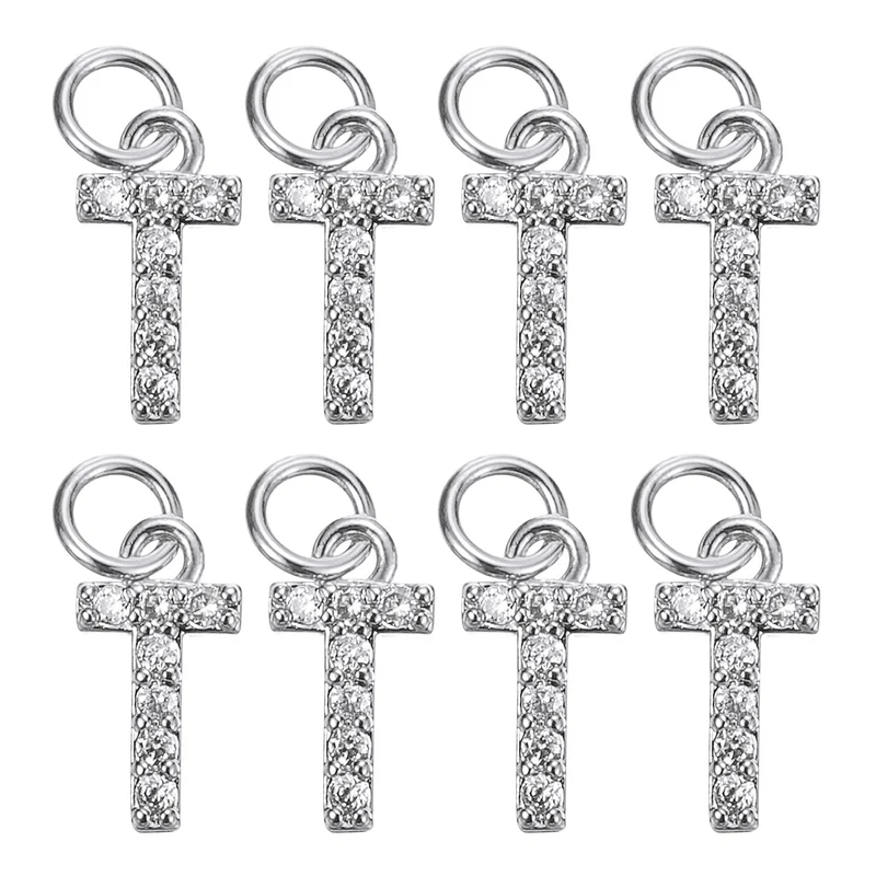 Rhinestone Letter Charm, 8pcs 3.2mm Copper T Letter Charm, White Gold