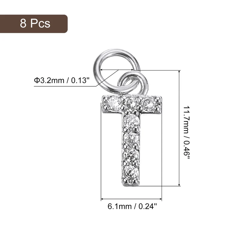 Rhinestone Letter Charm, 8pcs 3.2mm Copper T Letter Charm, White Gold