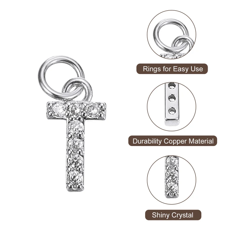Rhinestone Letter Charm, 8pcs 3.2mm Copper T Letter Charm, White Gold