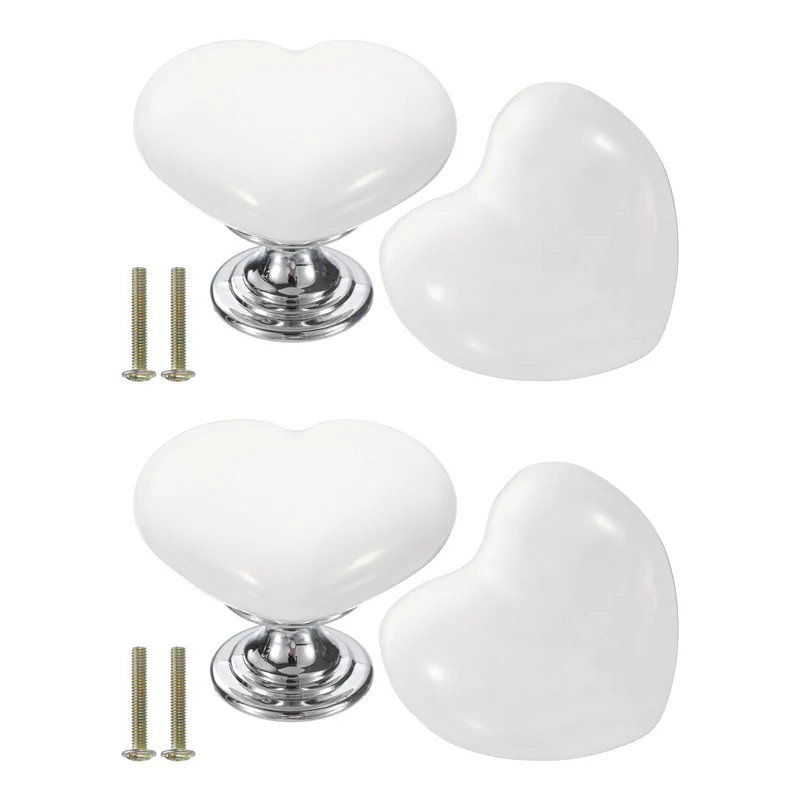 4 Pack Heart-Shaped Ceramic Drawer Knobs White/Silver Dresser Pulls Handles