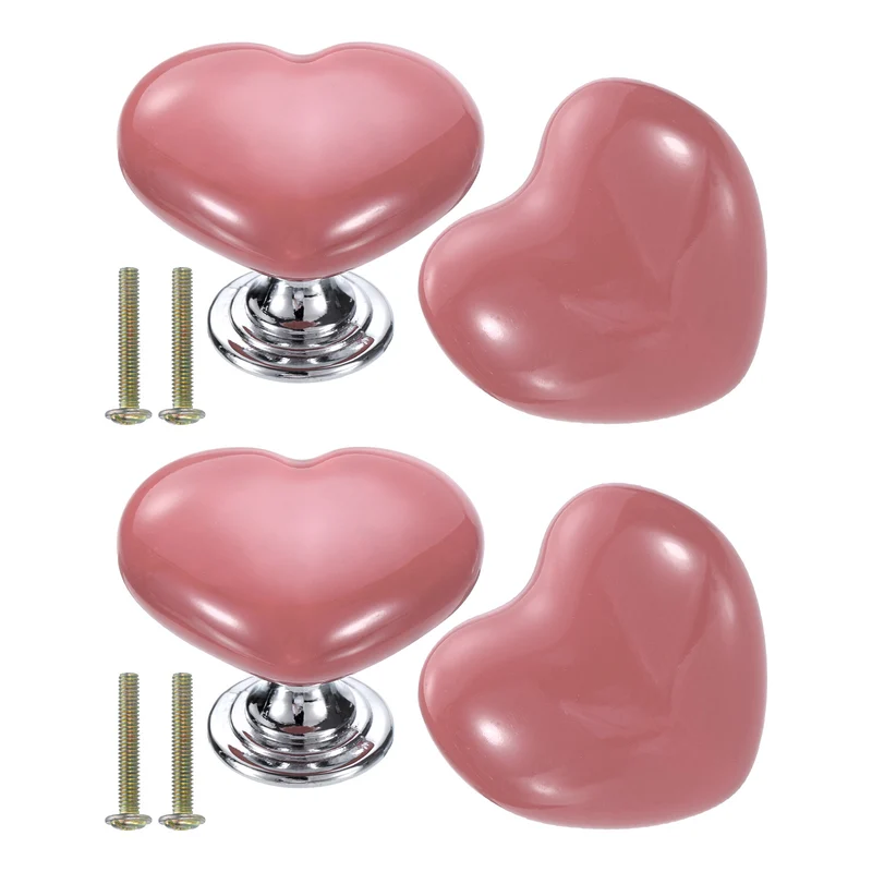 4 Pack Heart-Shaped Ceramic Drawer Knobs Pink/Silver Dresser Pulls Handles