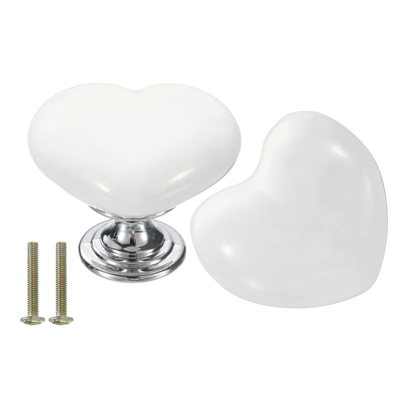 2 Pack Heart-Shaped Ceramic Drawer Knobs White/Silver Dresser Pulls Handles