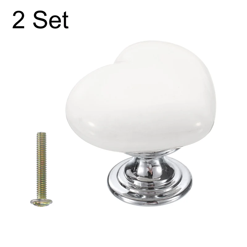 2 Pack Heart-Shaped Ceramic Drawer Knobs White/Silver Dresser Pulls Handles