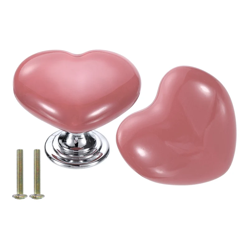 2 Pack Heart-Shaped Ceramic Drawer Knobs Pink/Silver Dresser Pulls Handles