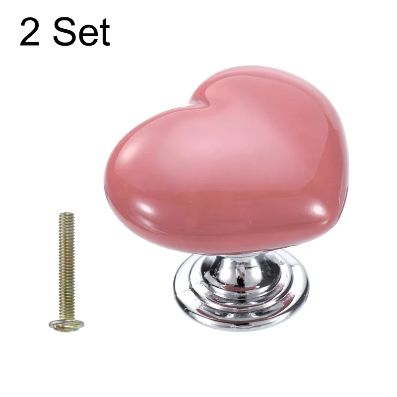 2 Pack Heart-Shaped Ceramic Drawer Knobs Pink/Silver Dresser Pulls Handles