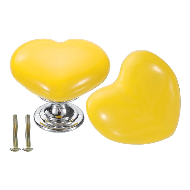 2 Pack Heart-Shaped Ceramic Drawer Knobs Yellow/Silver Dresser Pulls Handles