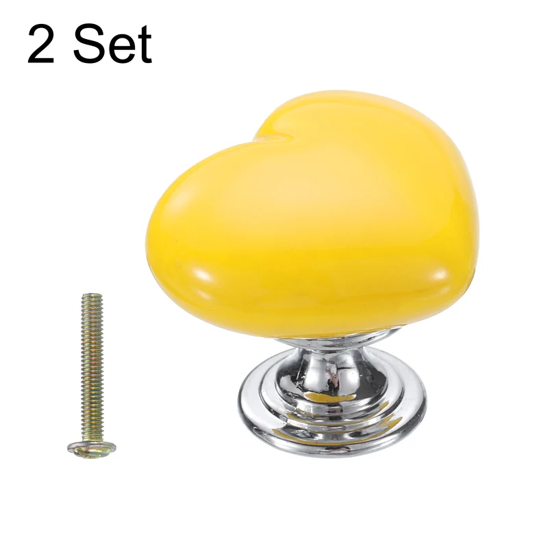 2 Pack Heart-Shaped Ceramic Drawer Knobs Yellow/Silver Dresser Pulls Handles