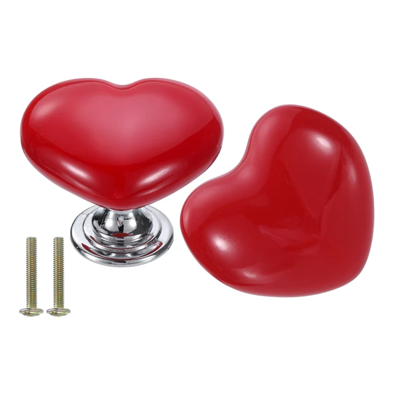 2 Pack Heart-Shaped Ceramic Drawer Knobs Red/Silver Dresser Pulls Handles