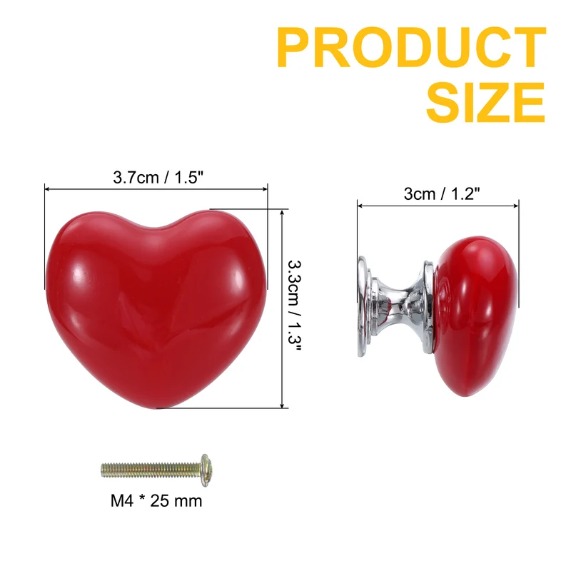 2 Pack Heart-Shaped Ceramic Drawer Knobs Red/Silver Dresser Pulls Handles