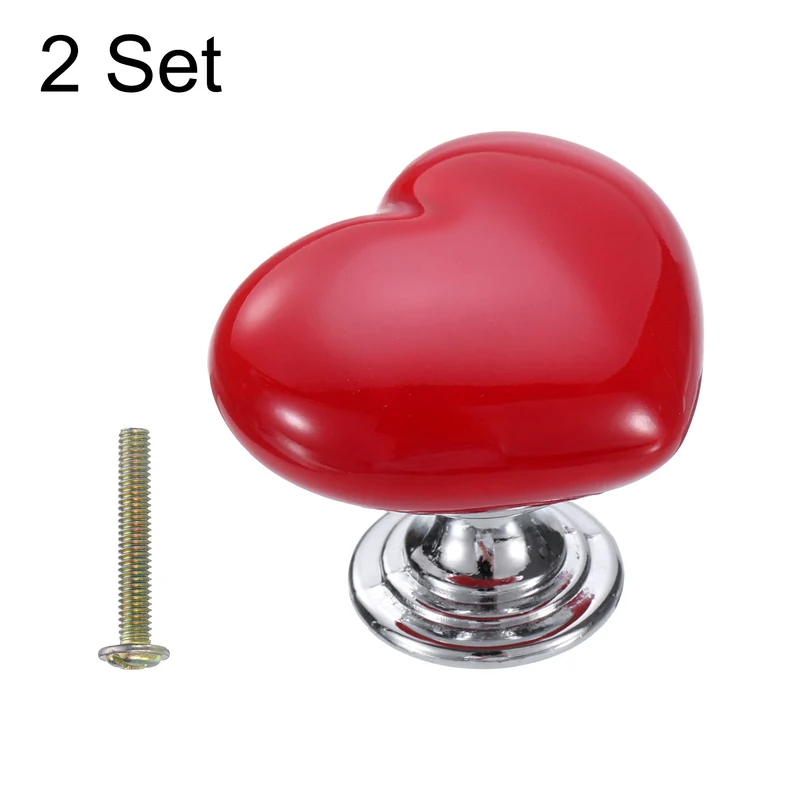 2 Pack Heart-Shaped Ceramic Drawer Knobs Red/Silver Dresser Pulls Handles