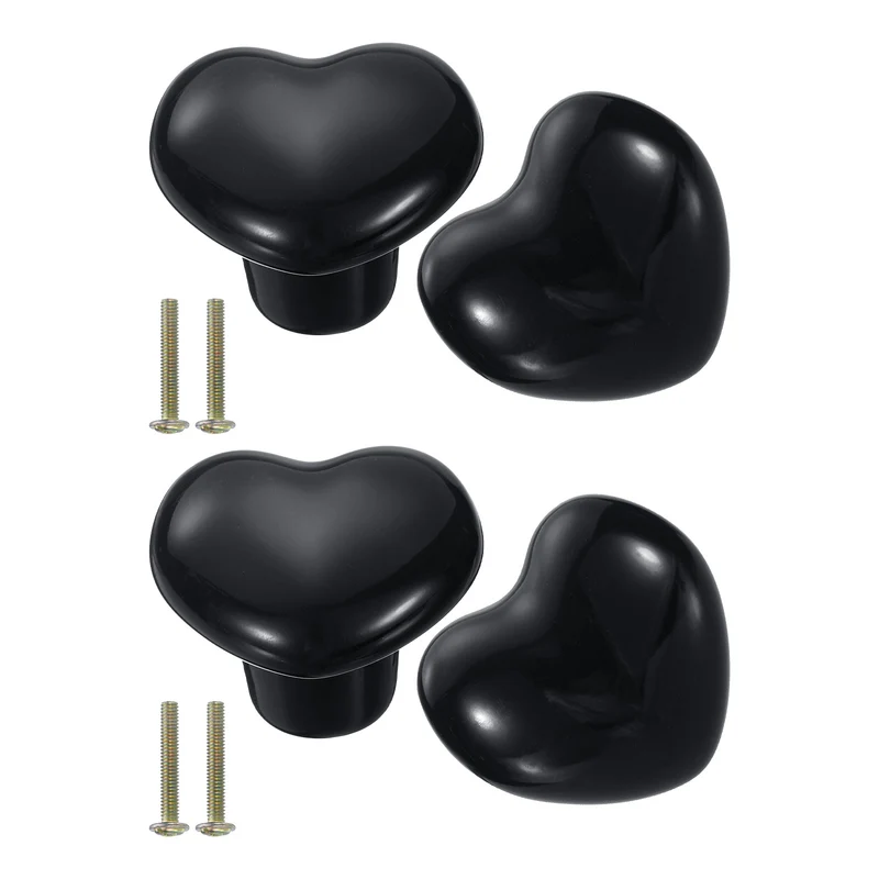 4 Pack Heart-Shaped Ceramic Drawer Knobs Black Dresser Pulls Handles