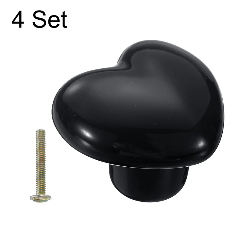 4 Pack Heart-Shaped Ceramic Drawer Knobs Black Dresser Pulls Handles