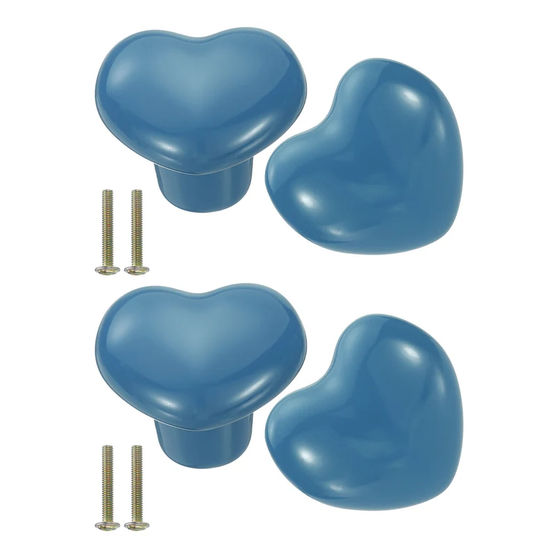 4 Packs Heart-Shaped Ceramic Drawer Knobs Blue Dresser Pulls Handles