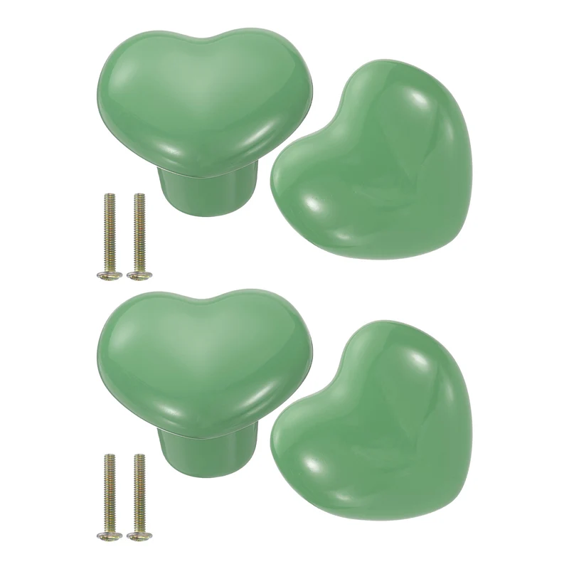 4 Pack Heart-Shaped Ceramic Drawer Knobs Green Dresser Pulls Handles