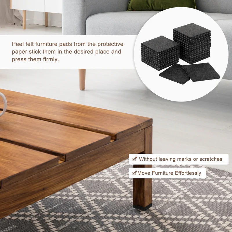 Furniture Pads, 24Pcs 2.5" Square Self Adhesive Felt Furniture Pads (Black)