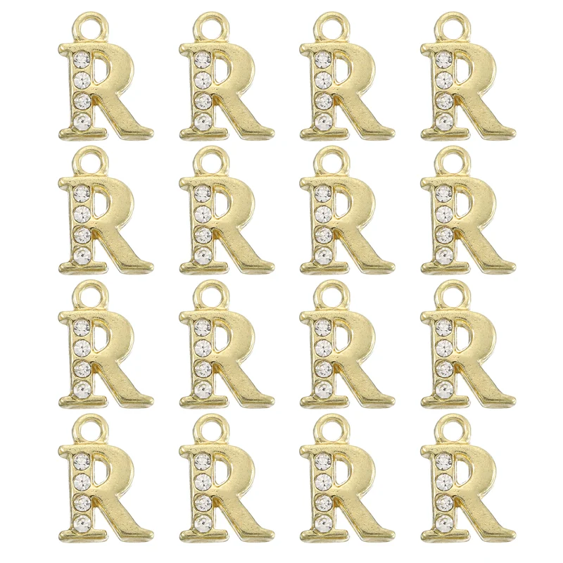 Rhinestone Letter Charm, 16pcs 1.5mm Metal R Letter Charm, Gold