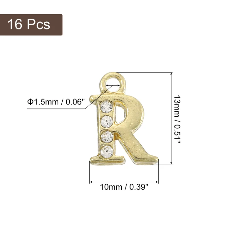 Rhinestone Letter Charm, 16pcs 1.5mm Metal R Letter Charm, Gold