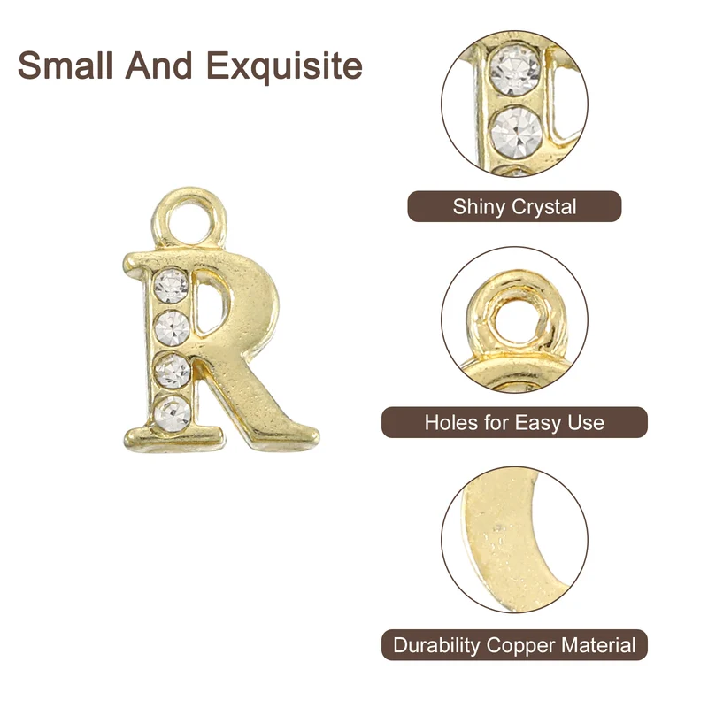 Rhinestone Letter Charm, 16pcs 1.5mm Metal R Letter Charm, Gold