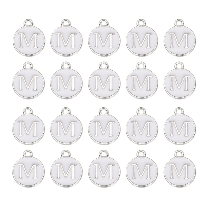 36pcs Letter M Pendants Double Sided Charm Enamel Alphabet Pendant White & White