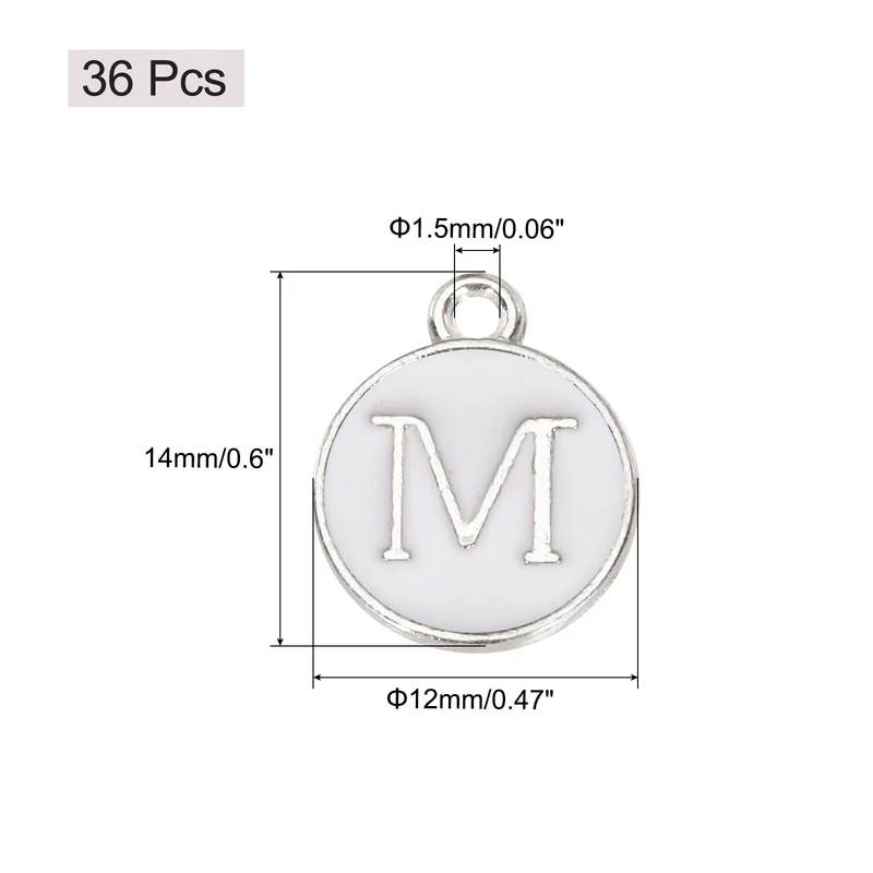 36pcs Letter M Pendants Double Sided Charm Enamel Alphabet Pendant White & White