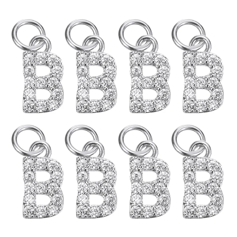 Rhinestone Letter Charm, 8pcs 3.2mm Copper B Letter Charm, White Gold