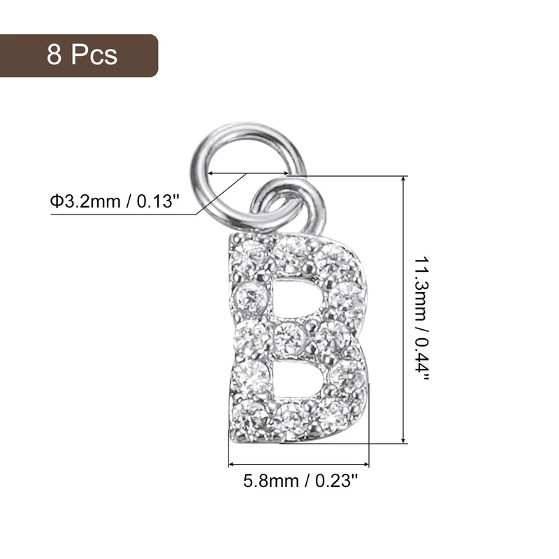 Rhinestone Letter Charm, 8pcs 3.2mm Copper B Letter Charm, White Gold