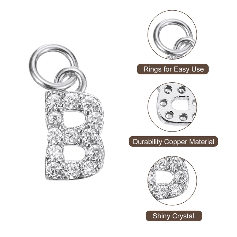 Rhinestone Letter Charm, 8pcs 3.2mm Copper B Letter Charm, White Gold