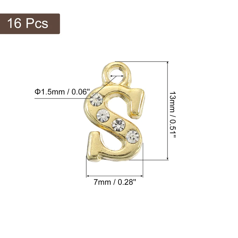 Rhinestone Letter Charm, 16pcs 1.5mm Metal S Letter Charm, Gold