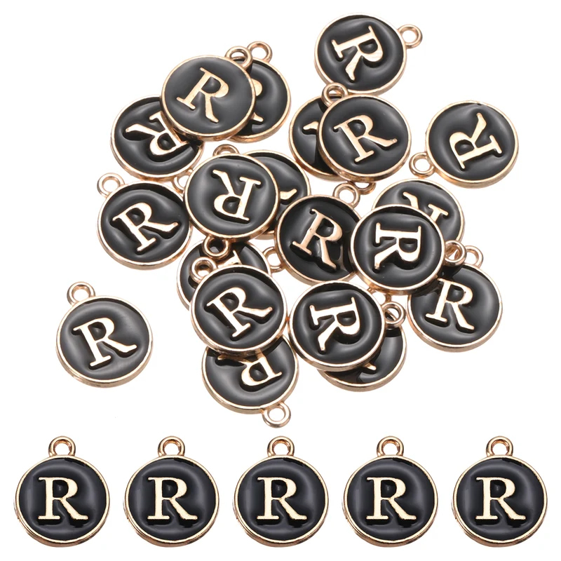 Alphabet r Letter Charm Double Sided Enamel Initial Alphabet Pendant Black 20pcs