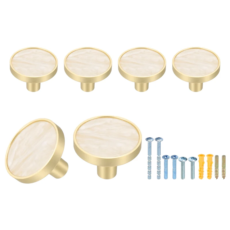 6Pcs Gold Cabinet Knobs 1-1/4" Round Knobs Cabinet Handles, Snow White