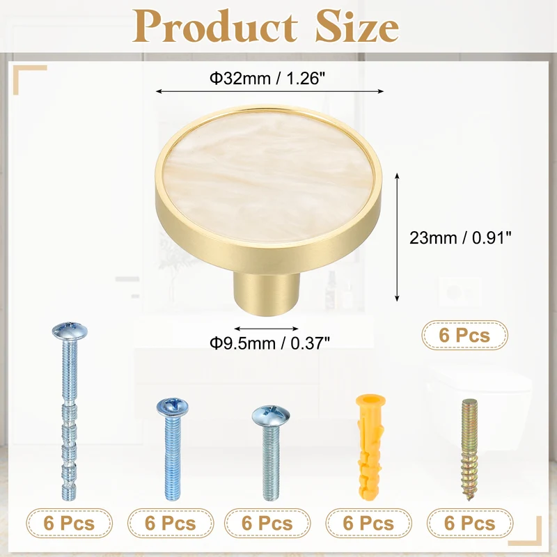 6Pcs Gold Cabinet Knobs 1-1/4" Round Knobs Cabinet Handles, Snow White