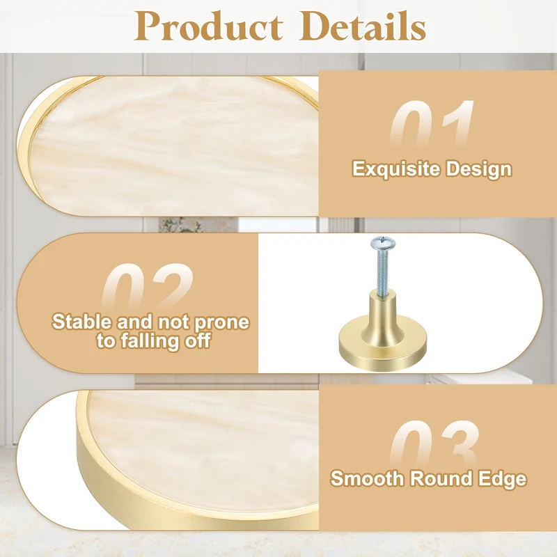6Pcs Gold Cabinet Knobs 1-1/4" Round Knobs Cabinet Handles, Snow White