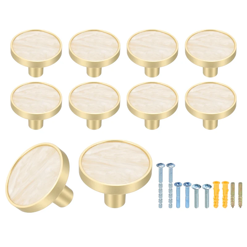 10Pcs Gold Cabinet Knobs 1-1/4" Round Knobs Cabinet Handles, Snow White