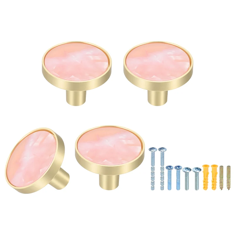 4Pcs Gold Cabinet Knobs 1-1/4" Round Knobs Cabinet Handles, Pink