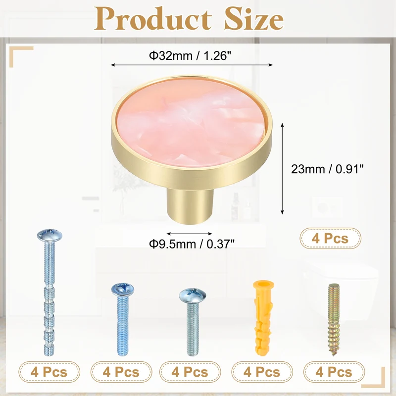 4Pcs Gold Cabinet Knobs 1-1/4" Round Knobs Cabinet Handles, Pink