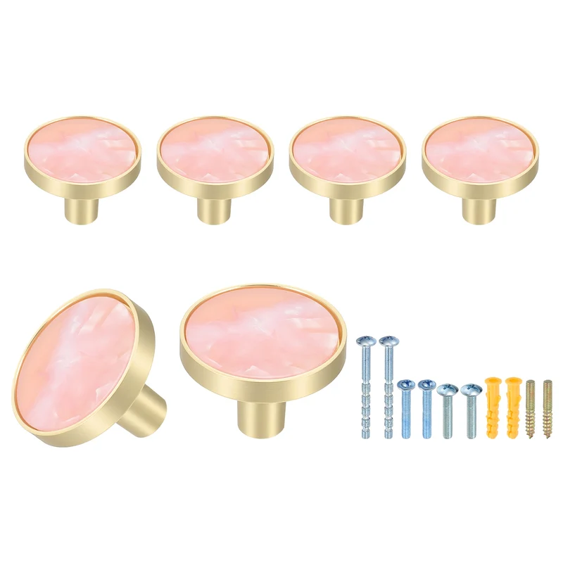 6Pcs Gold Cabinet Knobs 1-1/4" Round Knobs Cabinet Handles, Pink
