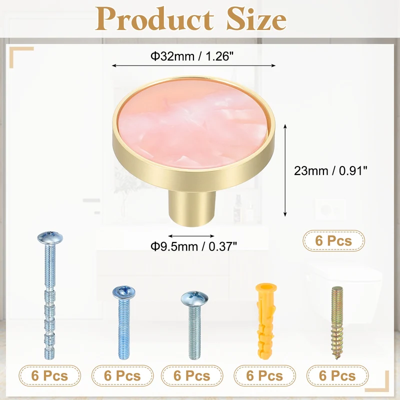 6Pcs Gold Cabinet Knobs 1-1/4" Round Knobs Cabinet Handles, Pink