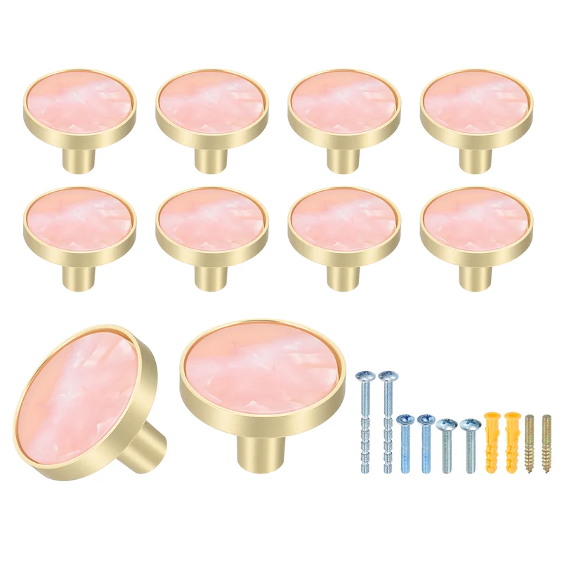 10Pcs Gold Cabinet Knobs 1-1/4" Round Knobs Cabinet Handles, Pink