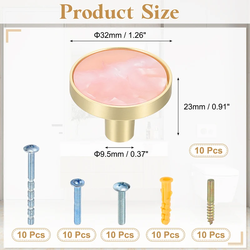 10Pcs Gold Cabinet Knobs 1-1/4" Round Knobs Cabinet Handles, Pink