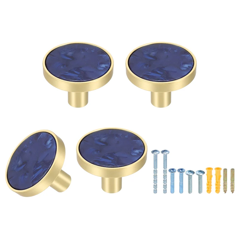 4Pcs Gold Cabinet Knobs 1-1/4" Round Knobs Cabinet Handles, Sapphire Blue