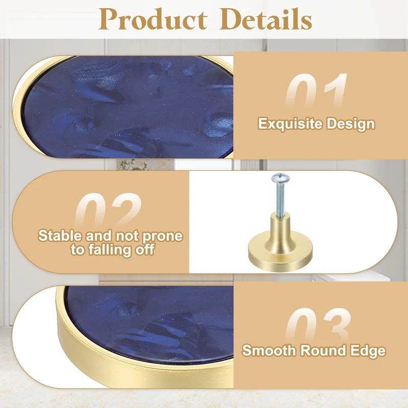 4Pcs Gold Cabinet Knobs 1-1/4" Round Knobs Cabinet Handles, Sapphire Blue
